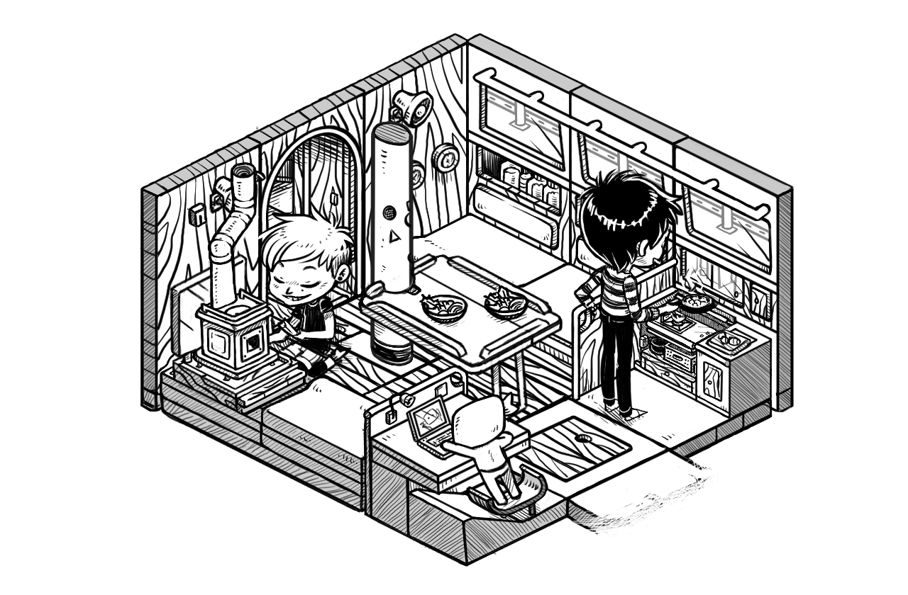 an isometric drawing of the interior of a sailboat. Rek is stoking a woodstove, Little Ninj is updating his website at the nav table and Devine is cooking something tasty in the galley