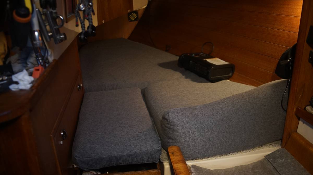 the finished quarter berth cushions in their proper spots