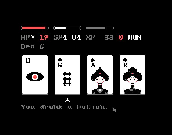 A screenshot of the game Donsol showing 4 cards with the words: you drank a potion