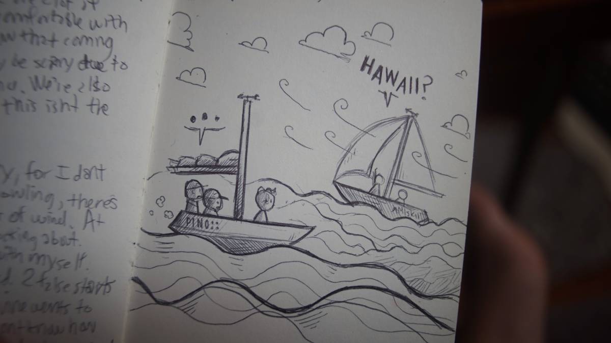 a sketch of pino and crew watching rick and chris sail away on Amiswki, a speech bubble above chris and rick reads hawaii?