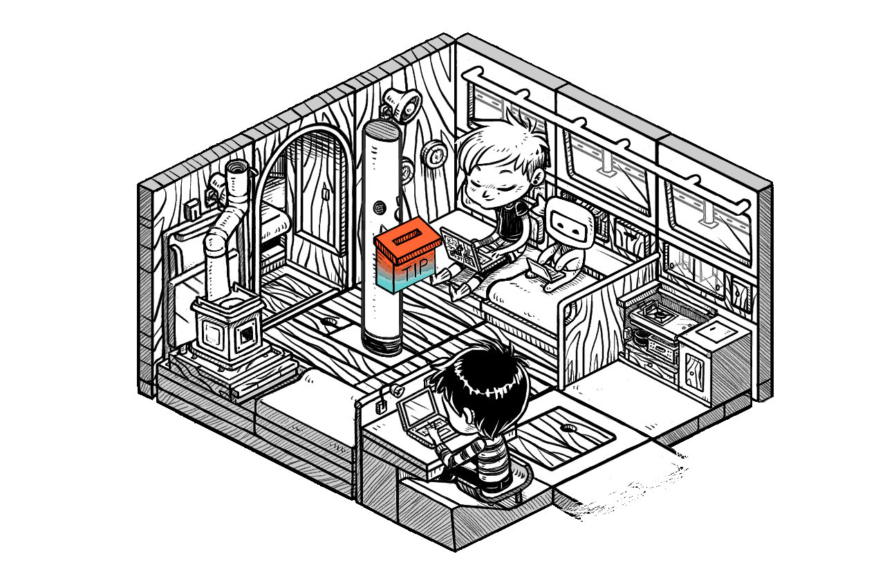 an isometric drawing of the interior of a sailboat. Rek, Little Ninj and Devine are sitting in various spots in the boat with their laptops, doing some work.
