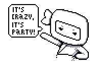 a pixel art drawing of little ninj with him striking a pose and saying: its crazy, its party!