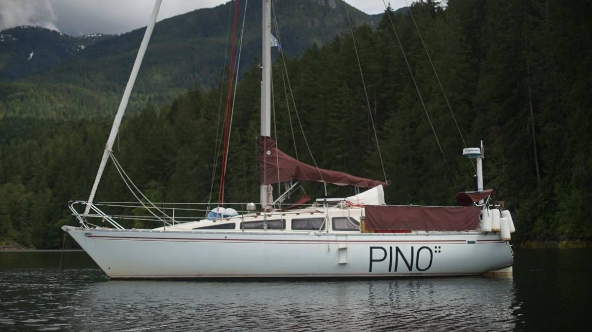 a sailboat named Pino anchored in a cove surrounded by trees