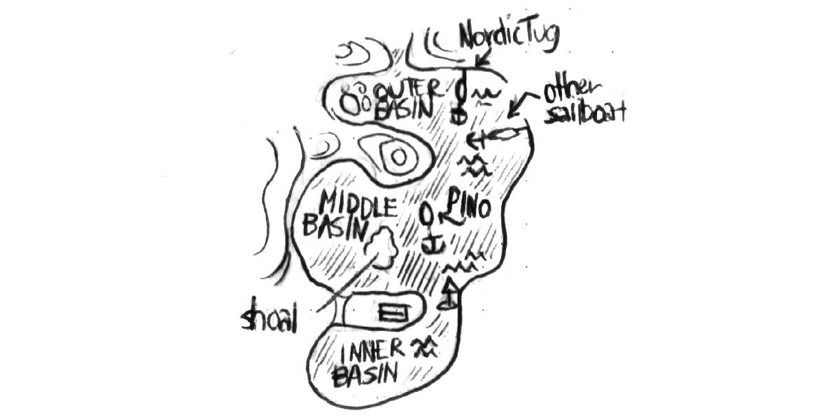 a drawing of smugglers cove, showing some boats at anchor, as well as islets and shoals