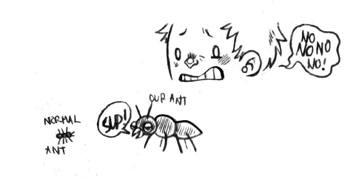 rek looking at two ants, one is a normal sized ant, the other a gigantic horror