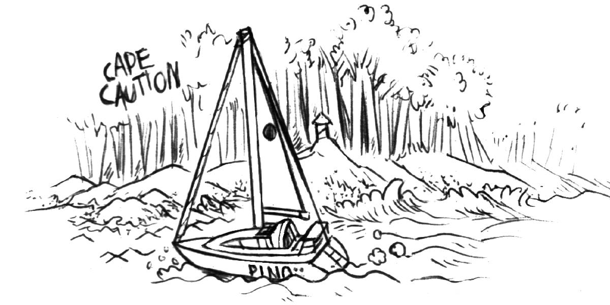 a drawing of Pino passing the dreaded Cape Caution over quiet waters