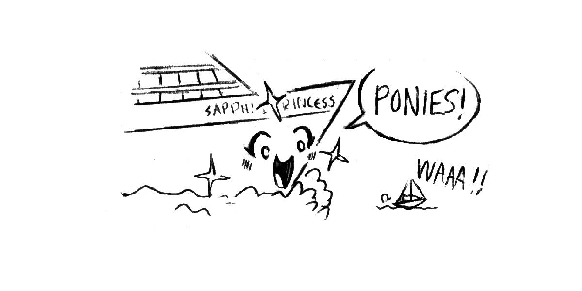 a cruiseship named Sapphire Princess with a cute face chasing down a screaming sailboat while yelling Ponies!