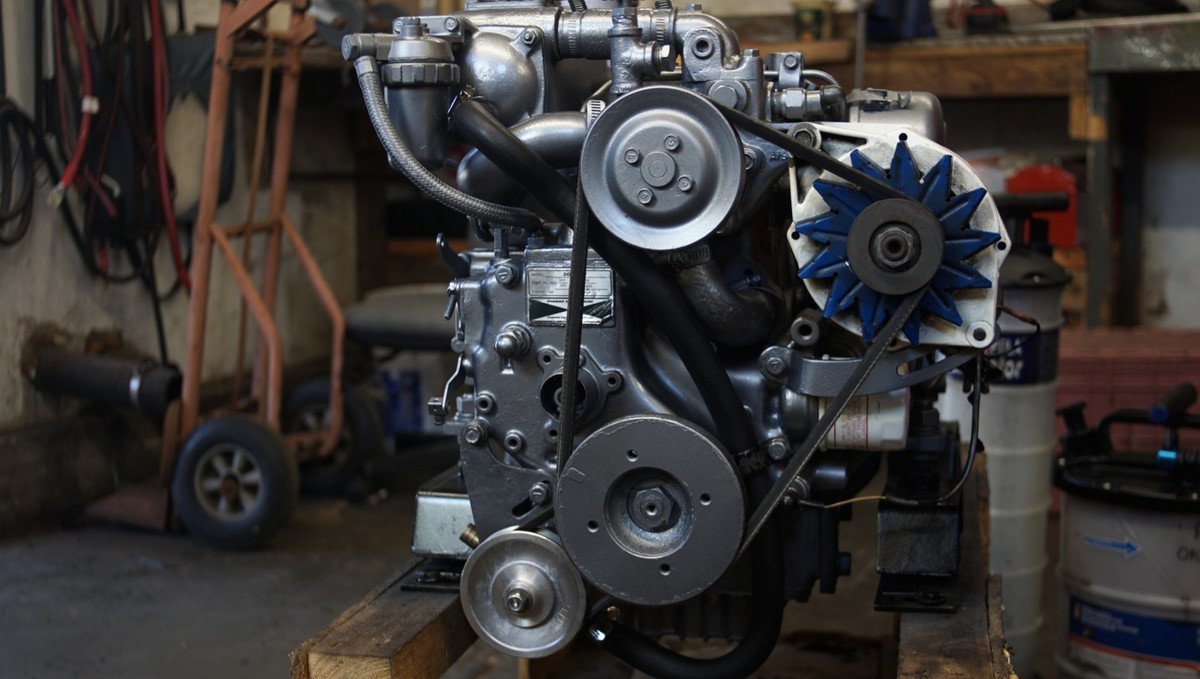 A photo of a Yanmar 2GM20F diesel engine sitting in a mechanics shop
