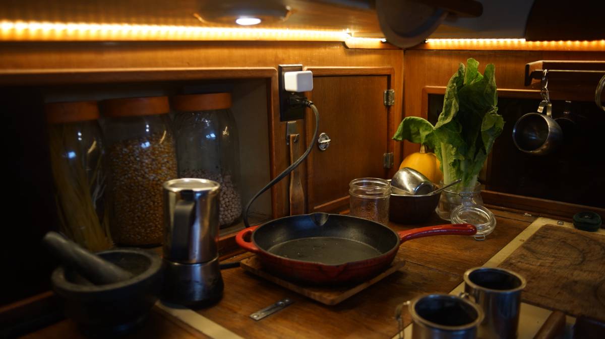 an LED strip installed in a sailboat galley