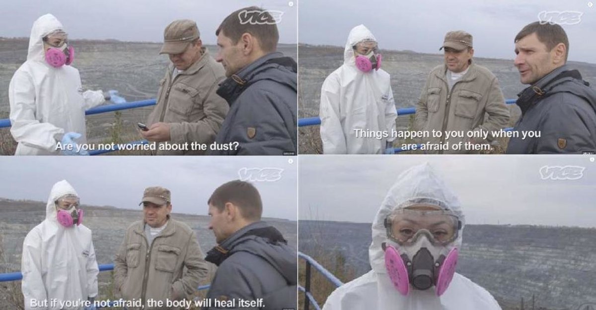 4 screenshots stitched together sources from a Vice video about asbestos in russian, showing someone dressed in a hazard suit with a mask asking if they are worried about the dust, with two men wearing regular clothes and replying with: things happen to you only if you are afraid of them. but if you are not afraid the body will heal itself