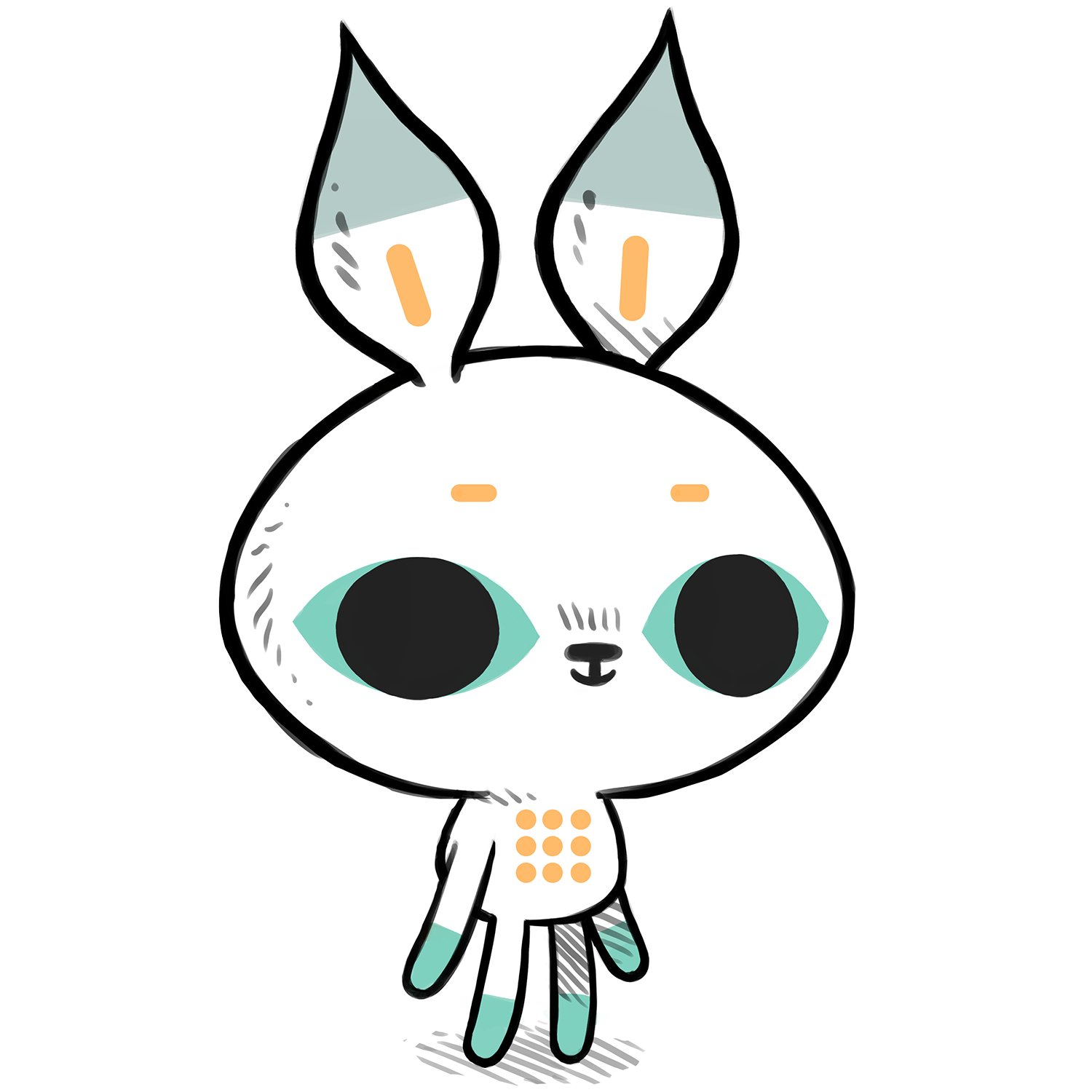 An illustration of Dotbit the mascot of Dotgrid which looks like a white rabbit with big eyes and stumps for arms and legs