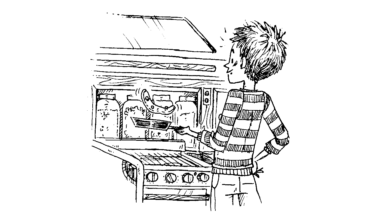An illustration of a person cooking food on a gas range, flipping a pancake in a cast iron pan