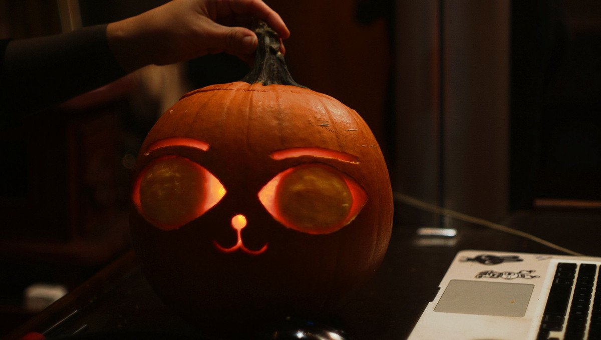 A photo of a candle-lit carved pumpkin with a cat face