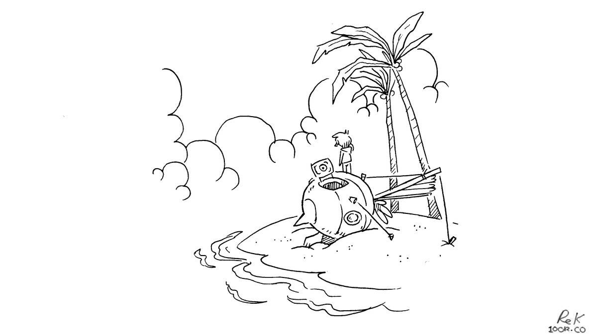 an illustration of a sailboat shaped like a turnip, beached, with its owner relaxing, staring at the distance