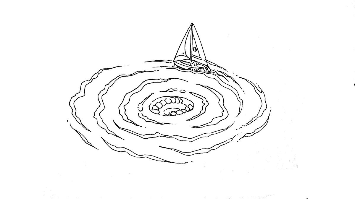 a drawing of a sailboat swirling around a vortex in the water with a mouth in its centre