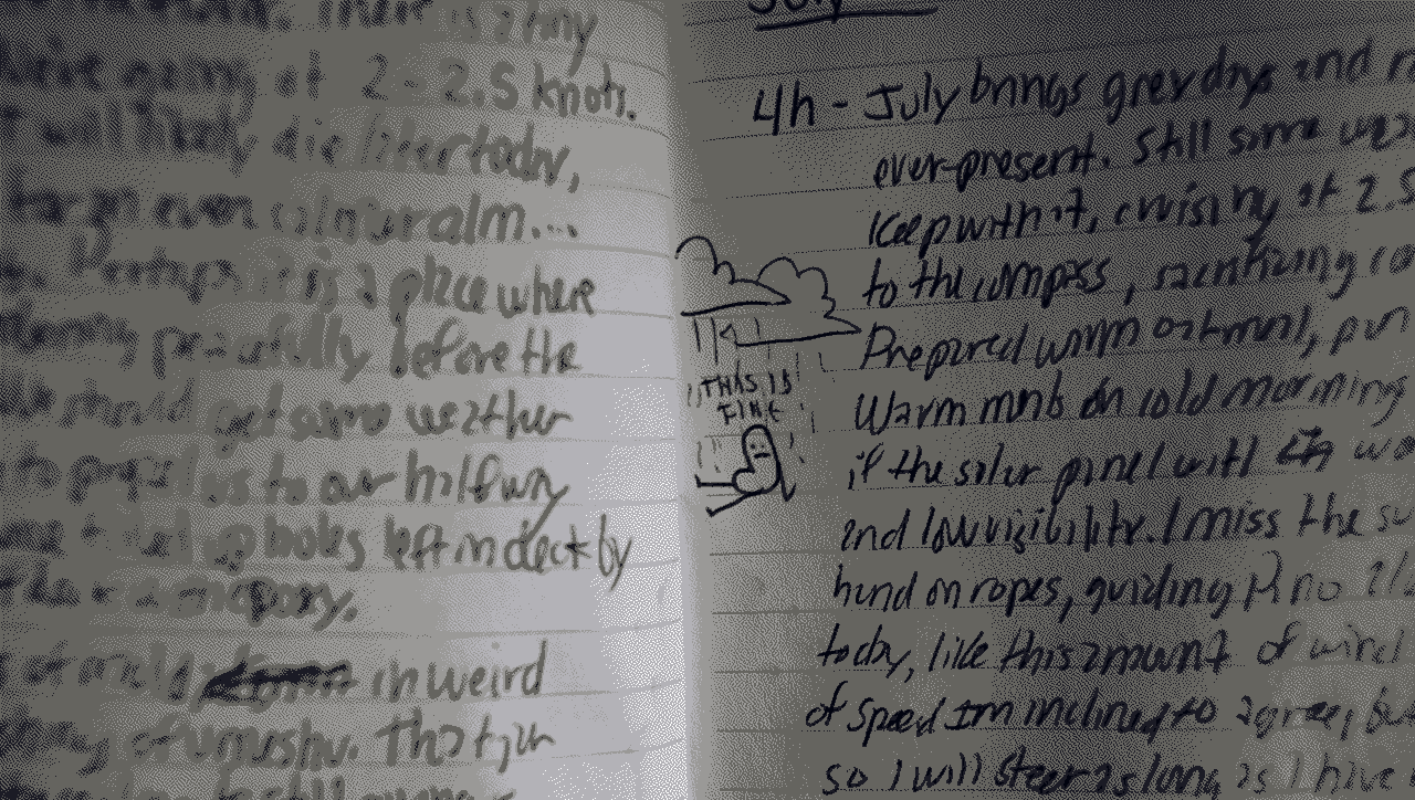 A closeup of the handwritten ship log featuring a rough drawing of a character sitting under a cloud of rain with the words: this is fine