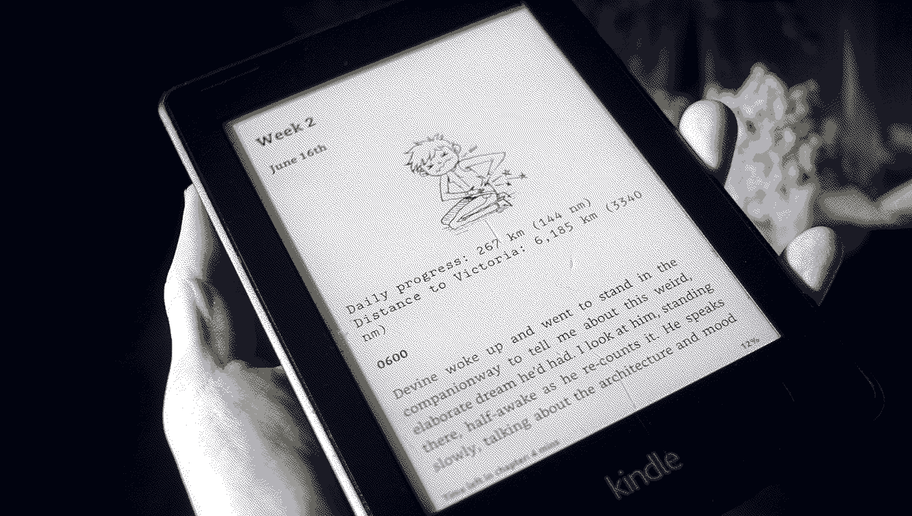 A photo of a hand holding a Kindle e-reader, opened onto Week 2 of Busy Doing Nothing with an illustration of a character that is in pain, holding their side