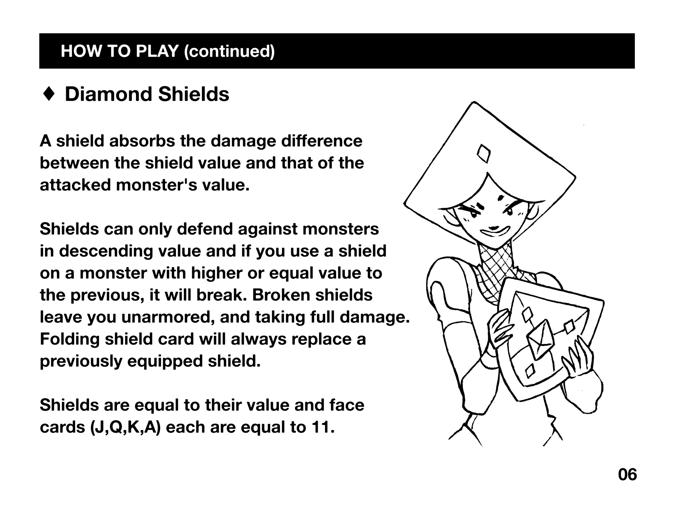 A preview image of the Donsol playing manual, explaining the use of Diamond Shields
