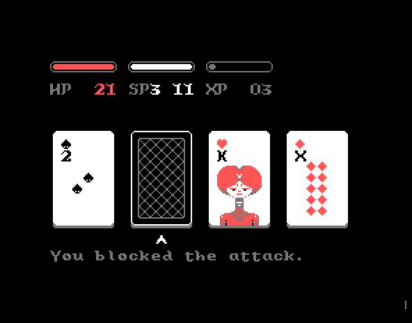 A screenshot of the game Donsol featuring 4 cards with one face down, the text reads: You blocked the attack