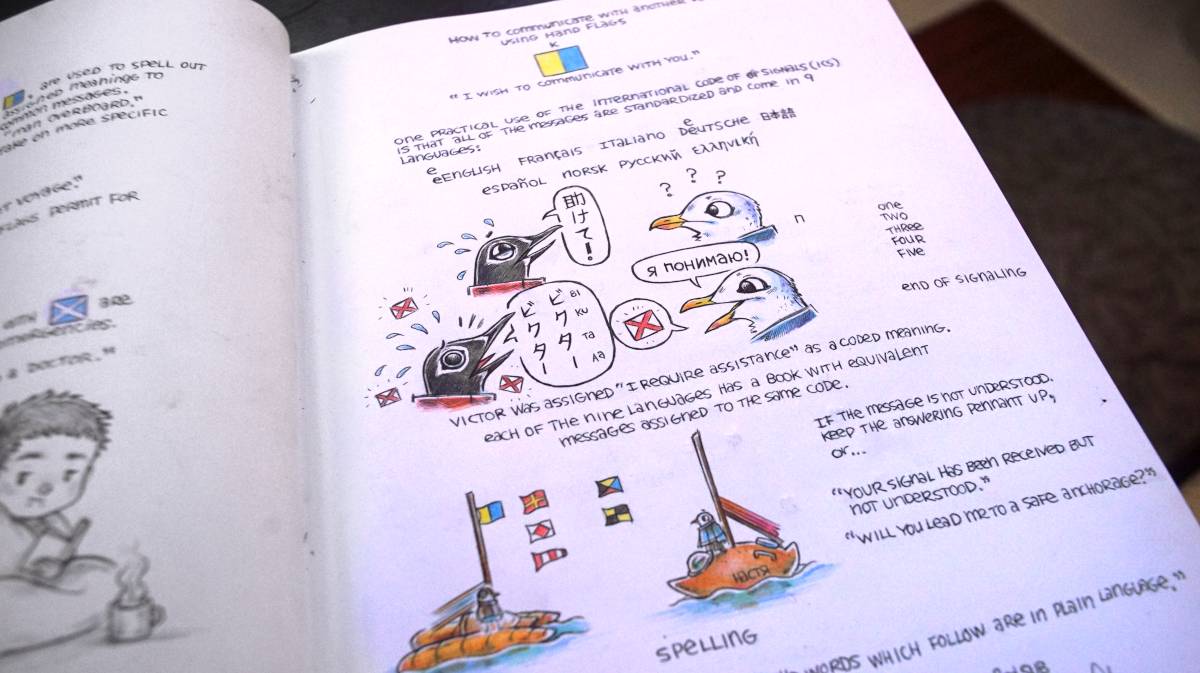 a sketchbook page showing some handdrawn explanations on how to communicate with maritime flags, it features seabirds having a conversation