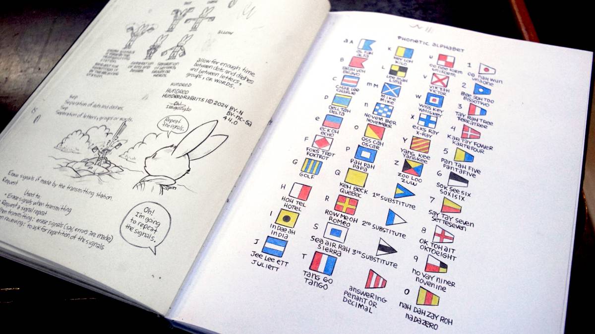 a sketchbook page showing art done with ink and coloring pencils, on one page the phonetic alphabet is visible