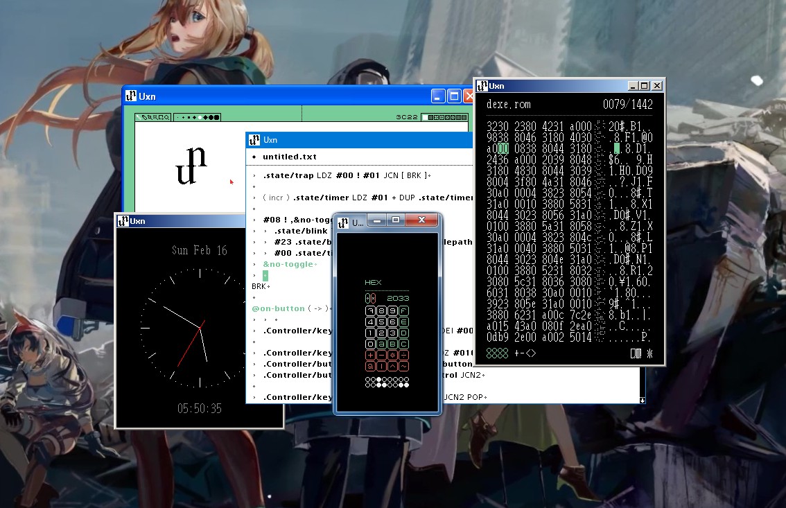 A screen of a Windows desktop with various open Uxn applications, like a calculator, a clock and a text editor