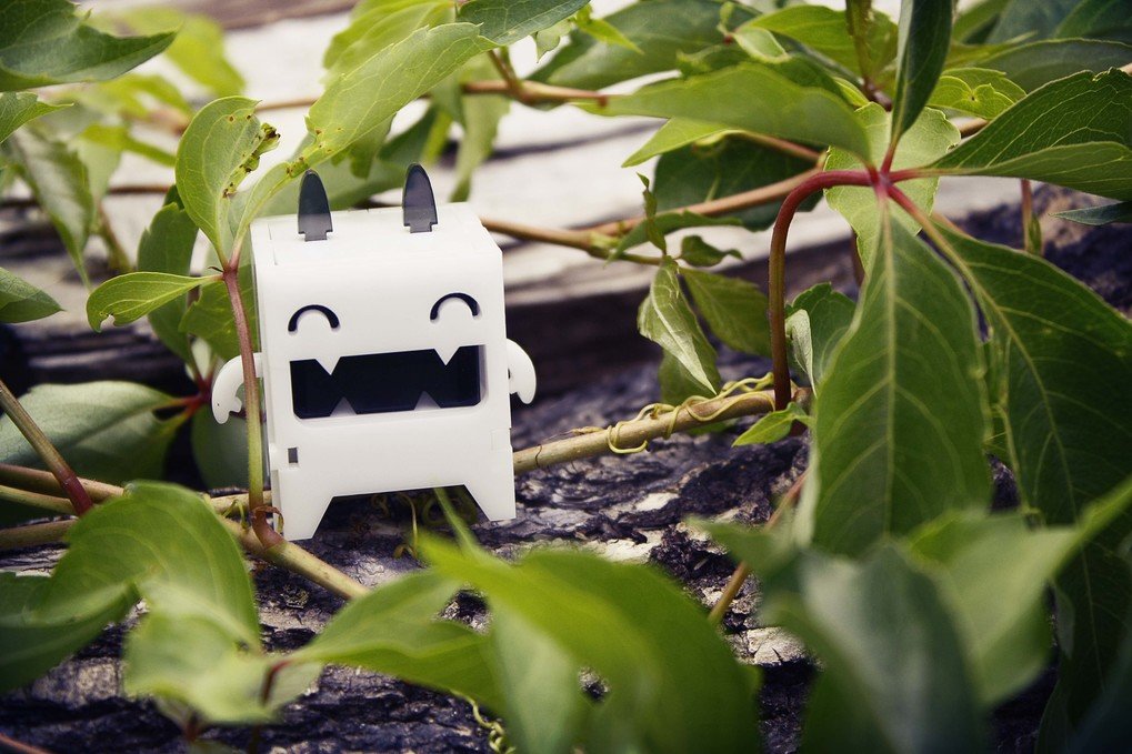 A photo of a boxy, acrylic designer toy with a toothy grin and rabbit ears surrounded by plants
