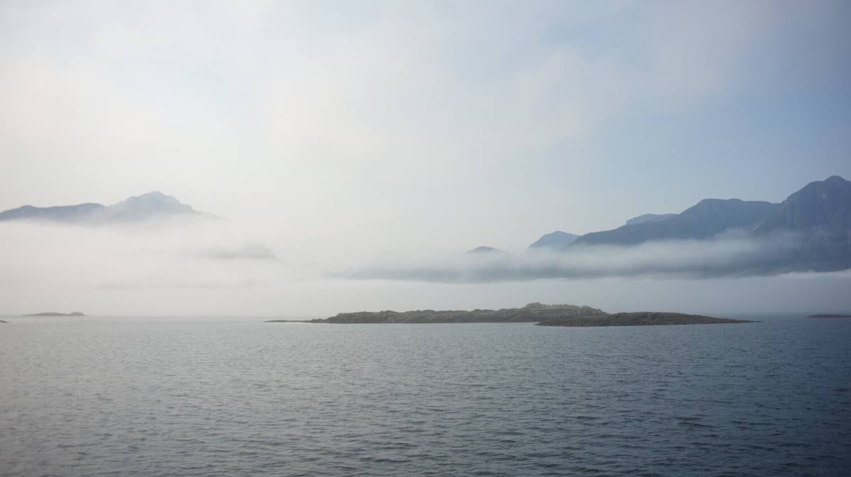 the reefs bordering boat bay, with fog in the background