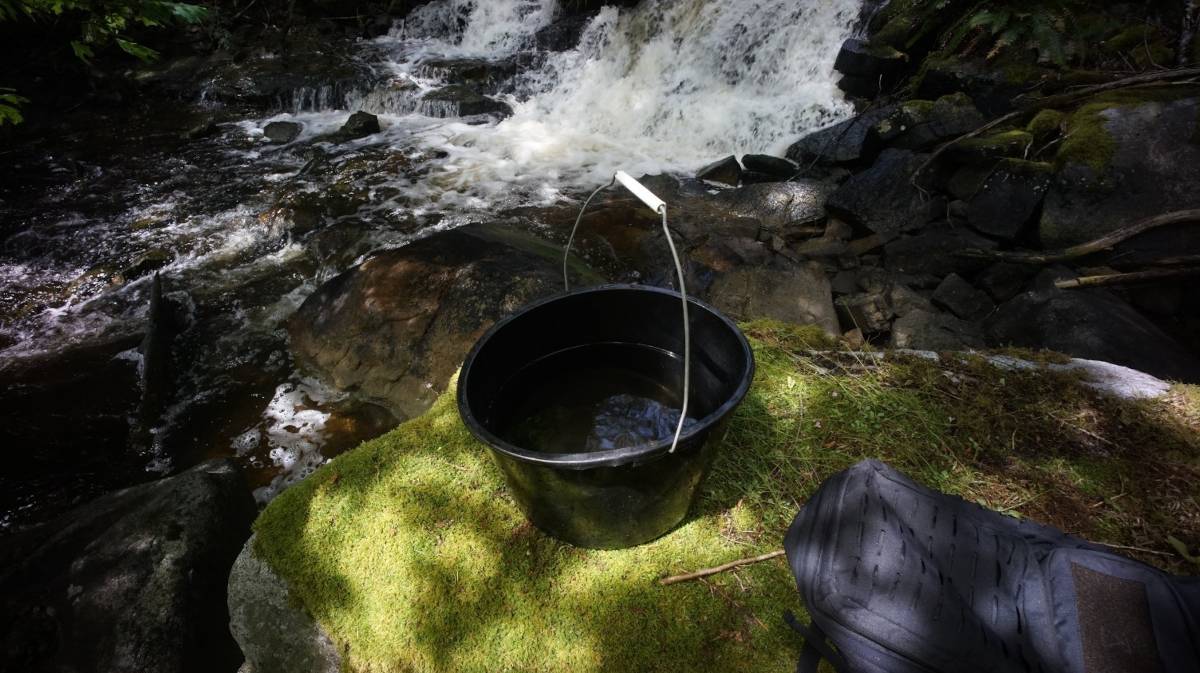a bucket full of freshwater near a waterfall in the forest