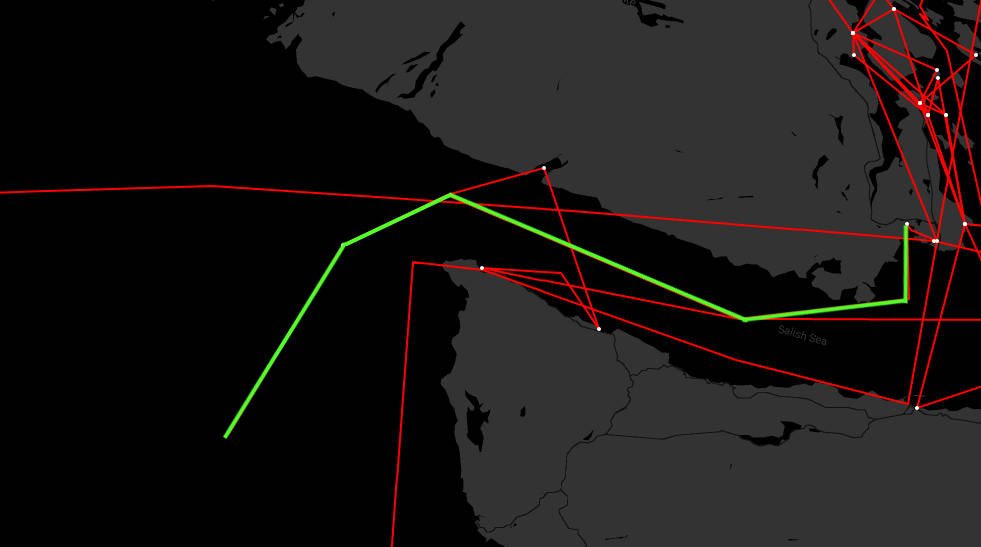 a map of our path with the line stopping short of the mouth of the juan de fuca strait