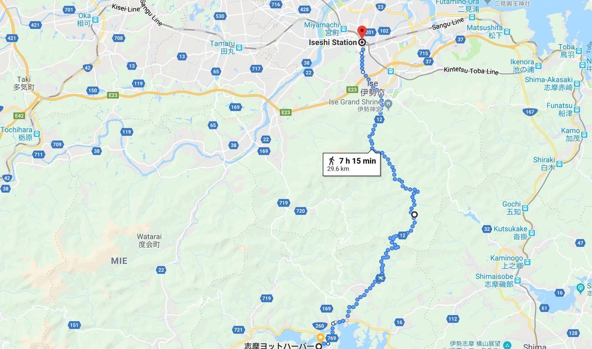 a screenshot of google maps showing a path across mountains and rural towns from Gokasho to Ise, a 30 km ride