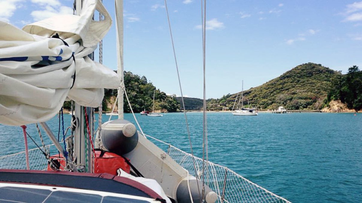 a deck view perspective of pino anchored in kawau island