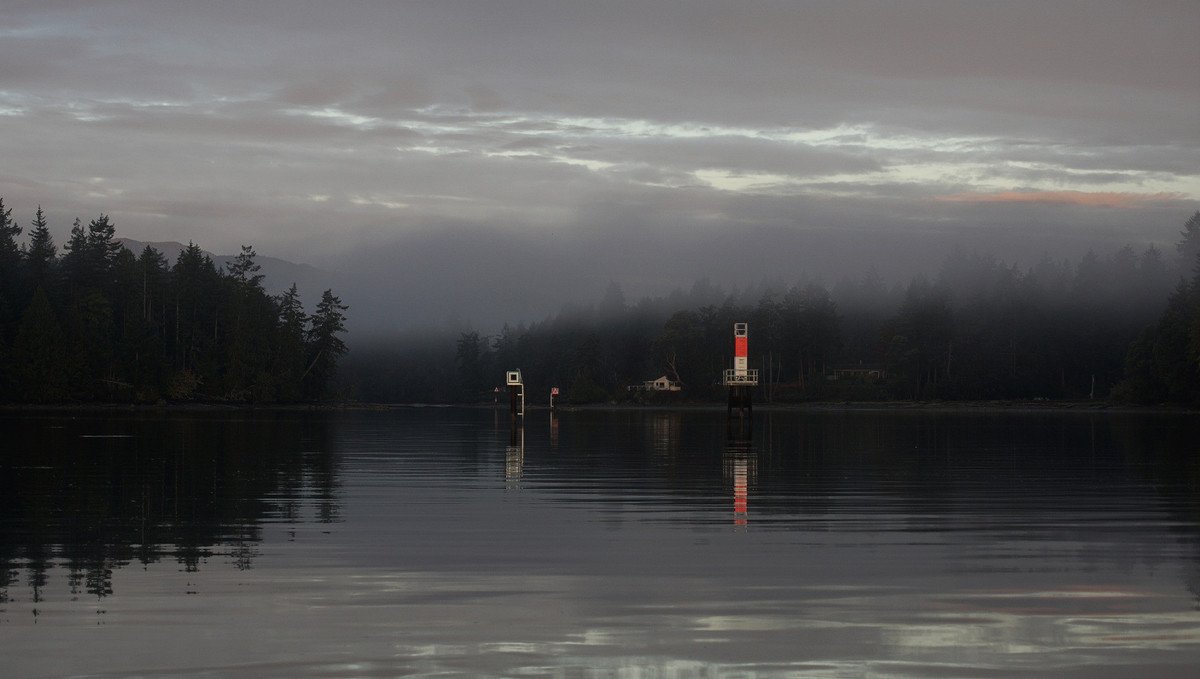 morning fog at clam bay between thetis and penelakut island