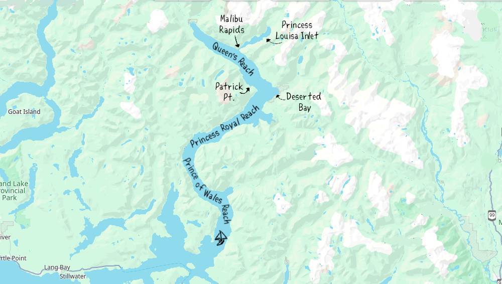 a map of jervis inlet and the path leading to princess louisa inlet