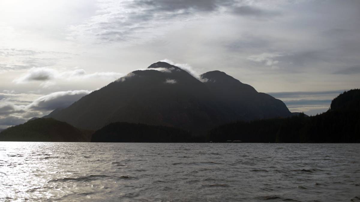a look back at some mountains while sailing down Sunderland Channel