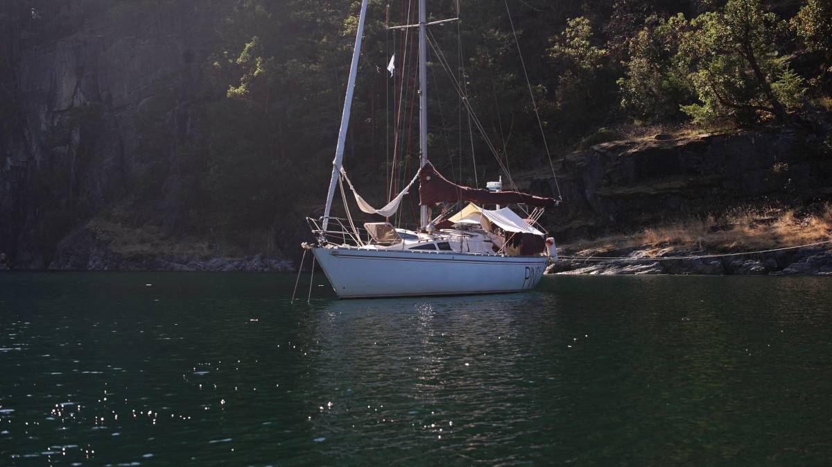 pino anchored and stern tied to shore