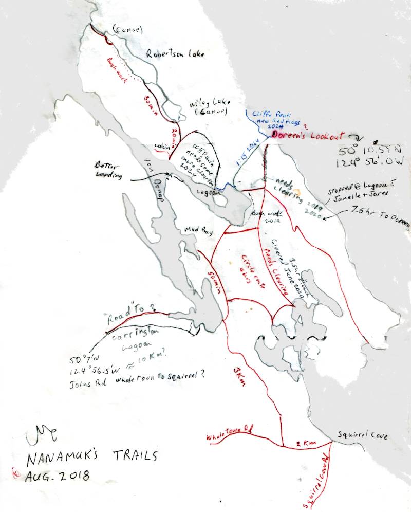 a hand drawn map of all the trails on cortes near von donop