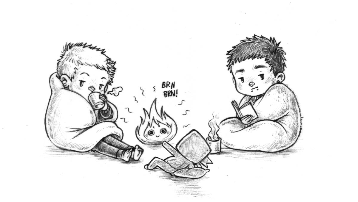 rek, dev and little ninj sitting around a small fire